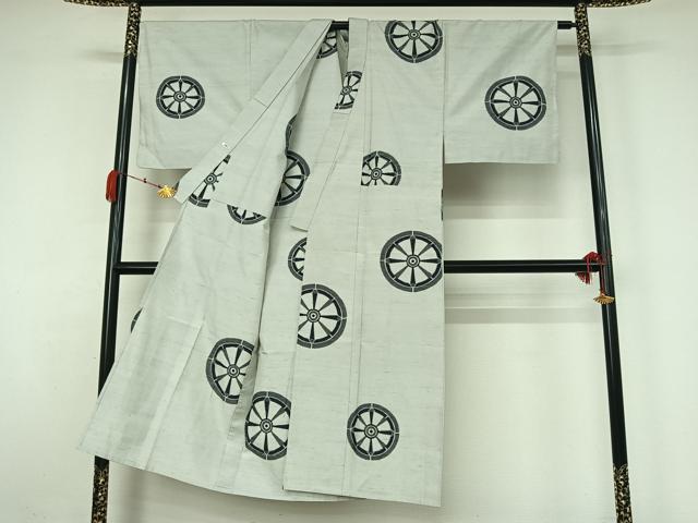 平和屋着物▽男性　紬　単衣　源氏車文　正絹　逸品　AABK3851jh