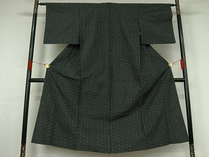 平和屋着物▽上質な紬　単衣　幾何学文様　黒地　正絹　逸品　AABK3859jh