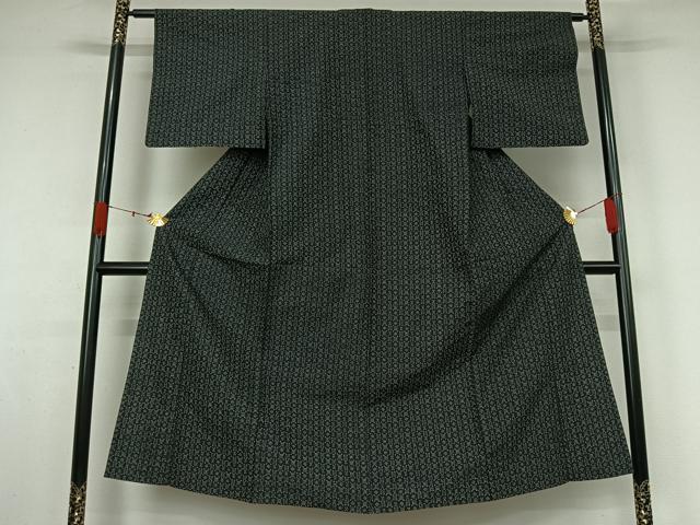 平和屋着物▽上質な紬　単衣　幾何学文様　黒地　正絹　逸品　AABK3859jh