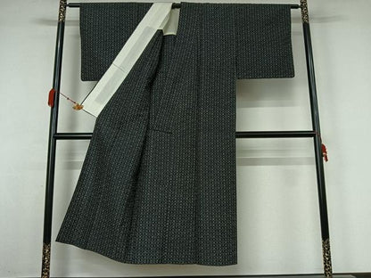 平和屋着物▽上質な紬　単衣　幾何学文様　黒地　正絹　逸品　AABK3859jh