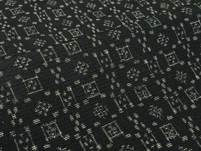 平和屋着物▽上質な紬　単衣　幾何学文様　黒地　正絹　逸品　AABK3859jh