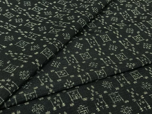 平和屋着物▽上質な紬　単衣　幾何学文様　黒地　正絹　逸品　AABK3859jh