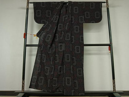 平和屋着物▽小紋　単衣　花唐草文　黒地　AABK3861jh