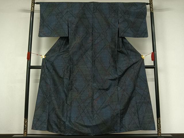 平和屋着物▽上質な紬　単衣　幾何学文様　正絹　逸品　AABK3864jh