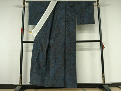 平和屋着物▽上質な紬　単衣　幾何学文様　正絹　逸品　AABK3864jh