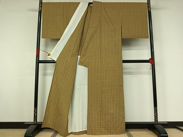 平和屋着物▽小紋　単衣　格子　綿　AABK3866jh