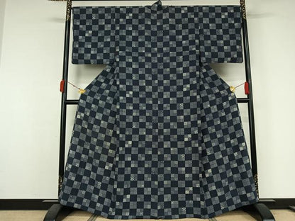 平和屋着物▽上質な小紋　単衣　市松吉祥文　正絹　逸品　AABK3871jh