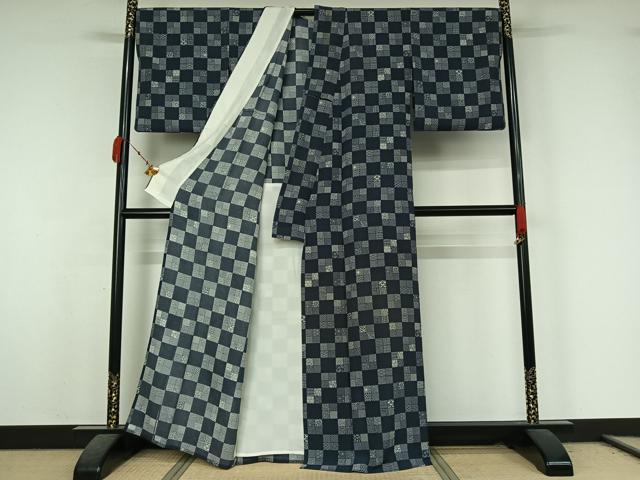 平和屋着物▽上質な小紋　単衣　市松吉祥文　正絹　逸品　AABK3871jh