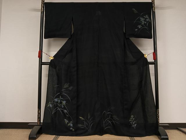 平和屋着物▽訪問着　無双　紗袷　紗×紗　手描き　薄　黒地　金彩　正絹　逸品　AABK3873jh