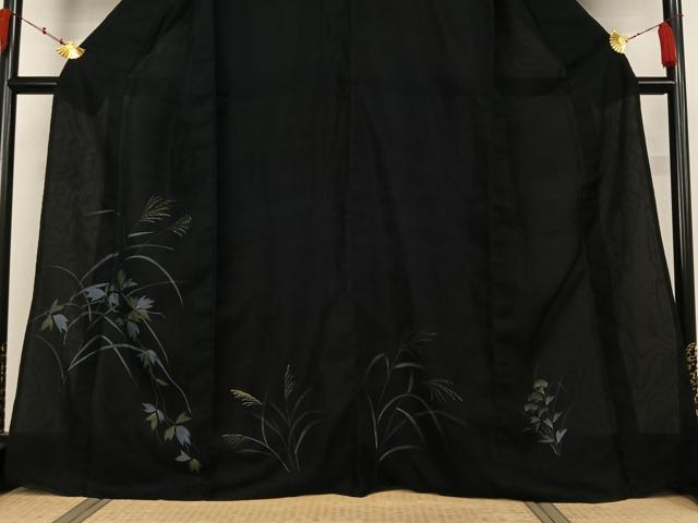 平和屋着物▽訪問着　無双　紗袷　紗×紗　手描き　薄　黒地　金彩　正絹　逸品　AABK3873jh