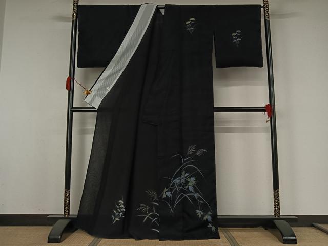 平和屋着物▽訪問着　無双　紗袷　紗×紗　手描き　薄　黒地　金彩　正絹　逸品　AABK3873jh