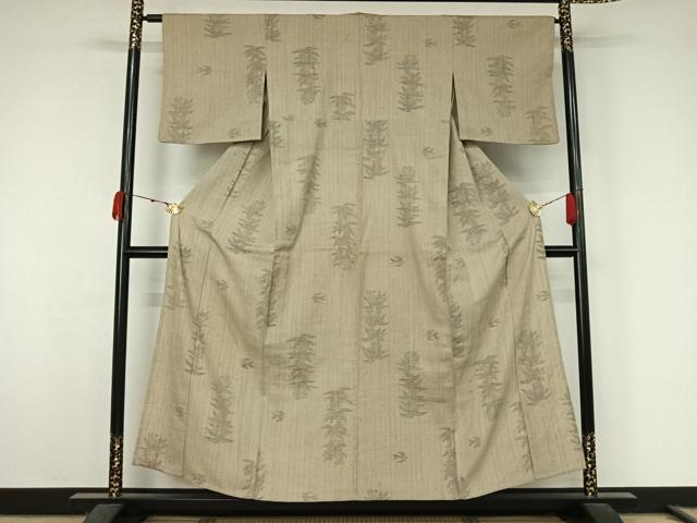 平和屋着物▽上質な紬　単衣　ちぢみ織　笹の葉文　正絹　逸品　AABK3876jh
