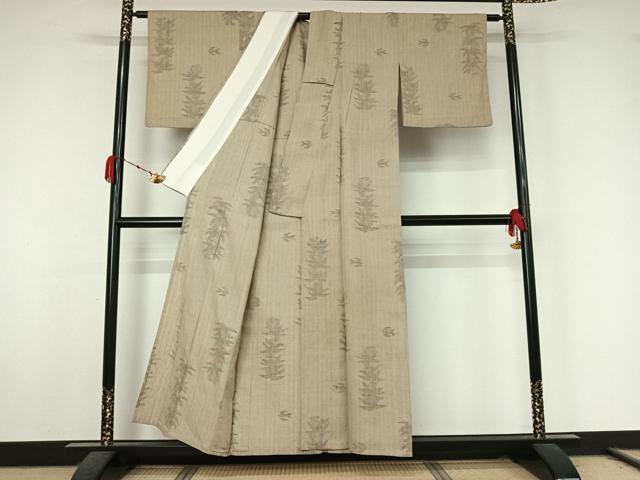 平和屋着物▽上質な紬　単衣　ちぢみ織　笹の葉文　正絹　逸品　AABK3876jh