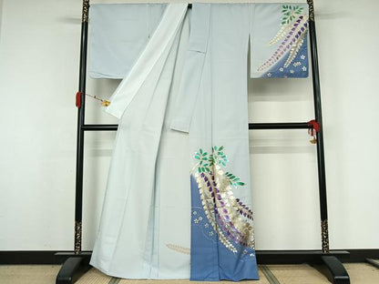 平和屋着物▽訪問着　単衣　藤花房　暈し染め　金銀彩　洗える着物　AABK3879jh