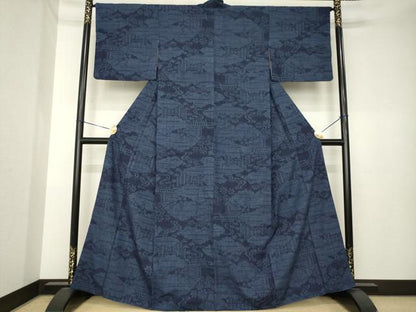 平和屋着物●結城紬　100亀甲　流水風景文　正絹　逸品　AABK3883ck