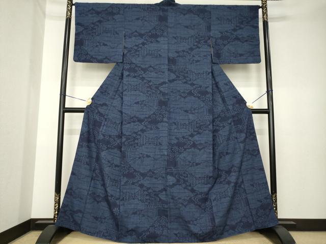 平和屋着物●結城紬　100亀甲　流水風景文　正絹　逸品　AABK3883ck