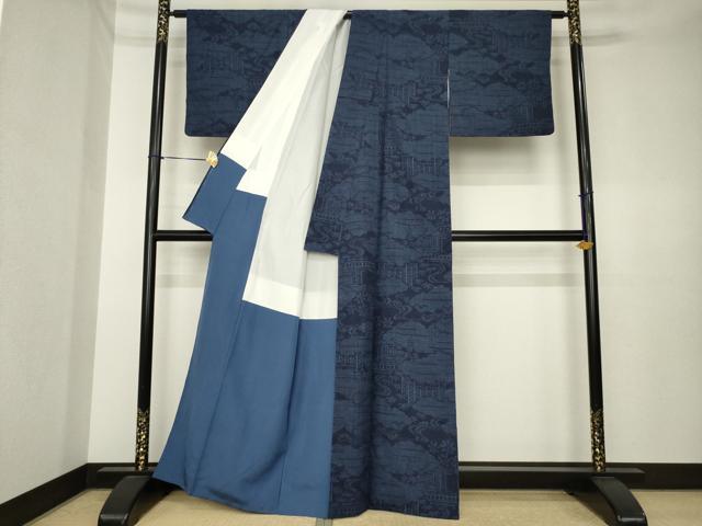 平和屋着物●結城紬　100亀甲　流水風景文　正絹　逸品　AABK3883ck