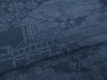 平和屋着物●結城紬　100亀甲　流水風景文　正絹　逸品　AABK3883ck