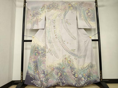 平和屋着物●訪問着　辻が花　絞り　舞花文　暈し染め　金通し地　正絹　逸品　AABK3886ck