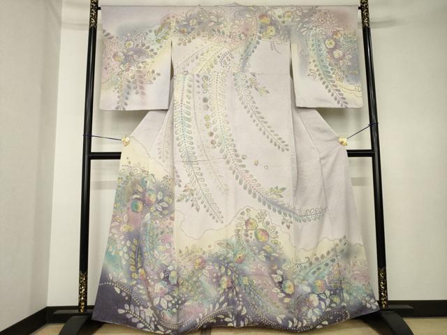 平和屋着物●訪問着　辻が花　絞り　舞花文　暈し染め　金通し地　正絹　逸品　AABK3886ck
