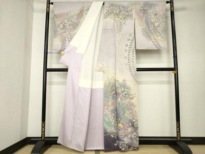 平和屋着物●訪問着　辻が花　絞り　舞花文　暈し染め　金通し地　正絹　逸品　AABK3886ck