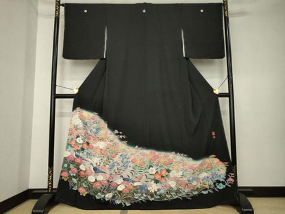 平和屋着物●豪華黒留袖　友禅　作家物　花鳥文　正絹　逸品　AABK3889ck