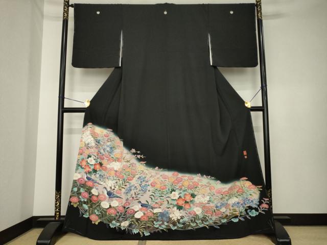 平和屋着物●豪華黒留袖　友禅　作家物　花鳥文　正絹　逸品　AABK3889ck