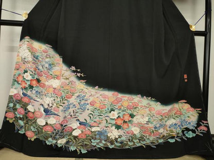 平和屋着物●豪華黒留袖　友禅　作家物　花鳥文　正絹　逸品　AABK3889ck