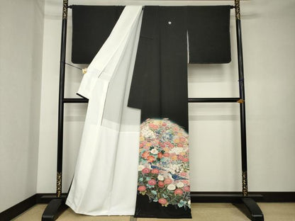 平和屋着物●豪華黒留袖　友禅　作家物　花鳥文　正絹　逸品　AABK3889ck