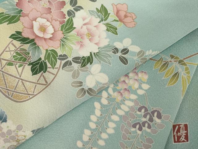 平和屋着物●訪問着　友禅　作家物　花篭　藤花房　暈し染め　金彩　正絹　逸品　AABK3892ck