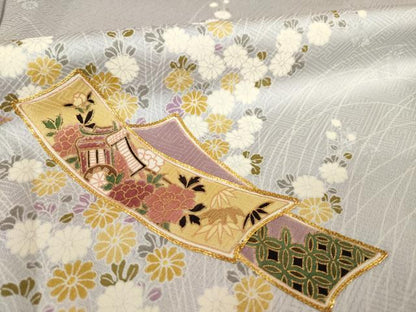 平和屋着物●訪問着　駒刺繍　短冊花文　暈し染め　金彩　正絹　逸品　AABK3896ck