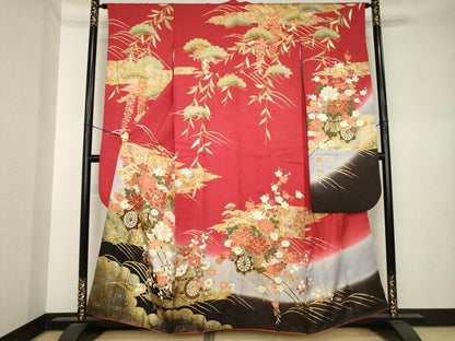 平和屋着物●豪華振袖　駒刺繍　花車文　暈し染め　金彩　正絹　逸品　AABK3897ck