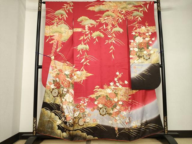 平和屋着物●豪華振袖　駒刺繍　花車文　暈し染め　金彩　正絹　逸品　AABK3897ck