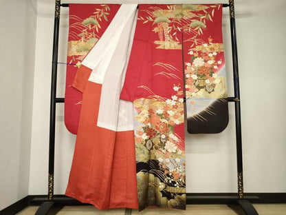 平和屋着物●豪華振袖　駒刺繍　花車文　暈し染め　金彩　正絹　逸品　AABK3897ck