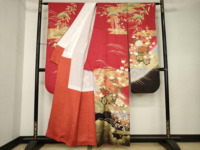 平和屋着物●豪華振袖　駒刺繍　花車文　暈し染め　金彩　正絹　逸品　AABK3897ck