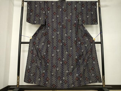 平和屋着物●久留米絣　単衣　幾何学文様　綿　逸品　AABK3898ck