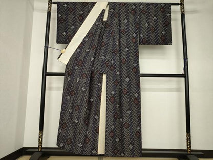 平和屋着物●久留米絣　単衣　幾何学文様　綿　逸品　AABK3898ck