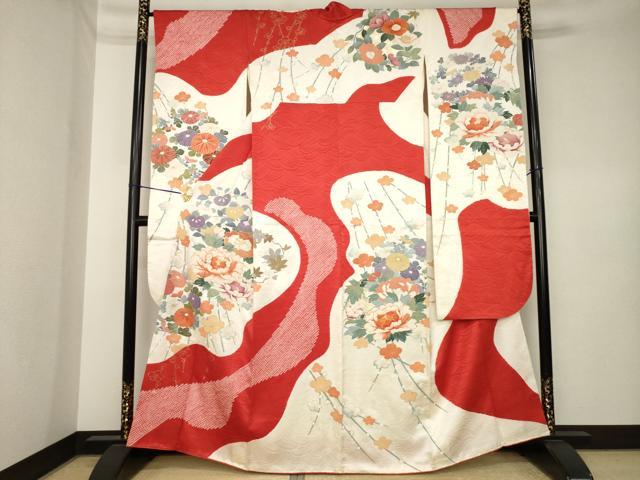 平和屋着物●豪華振袖　絞り　駒刺繍　流水花文　正絹　逸品　AABK3901ck