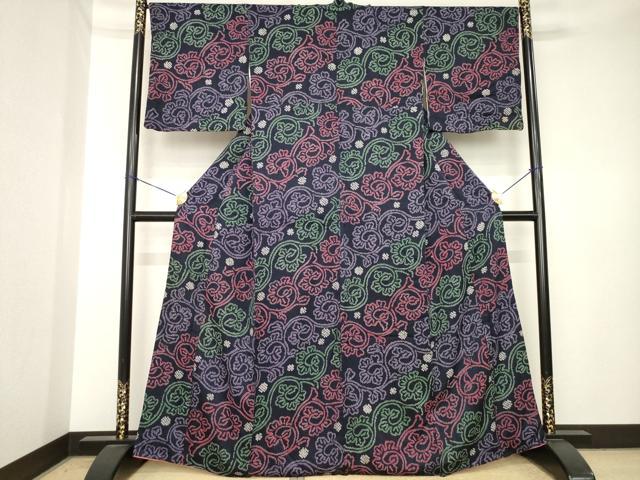 平和屋着物●上質な小紋　総絞り　唐草文　正絹　逸品　AABK3910ck