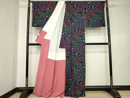 平和屋着物●上質な小紋　総絞り　唐草文　正絹　逸品　AABK3910ck