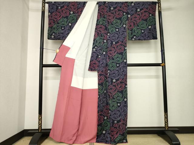 平和屋着物●上質な小紋　総絞り　唐草文　正絹　逸品　AABK3910ck