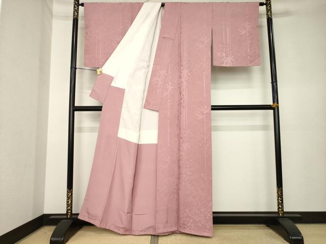 平和屋着物●上質な色無地　笹竹地紋　珊瑚色　正絹　逸品　AABK3916ck