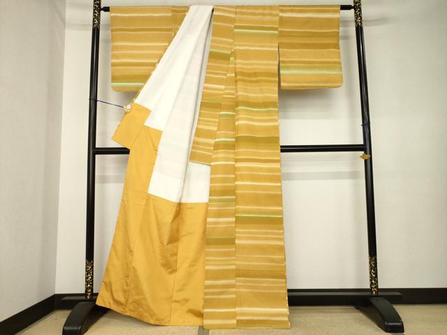 平和屋着物●上質な紬　横段文　正絹　逸品　AABK3923ck