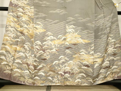 平和屋着物●訪問着　駒刺繍　渡り橋松文　正絹　逸品　AABK3925ck