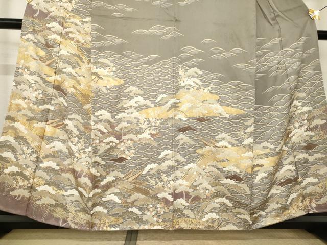 平和屋着物●訪問着　駒刺繍　渡り橋松文　正絹　逸品　AABK3925ck