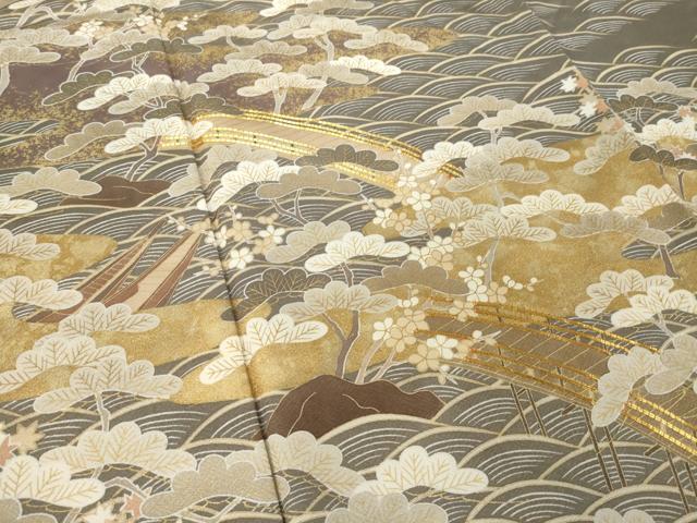 平和屋着物●訪問着　駒刺繍　渡り橋松文　正絹　逸品　AABK3925ck