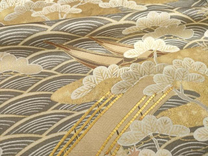 平和屋着物●訪問着　駒刺繍　渡り橋松文　正絹　逸品　AABK3925ck