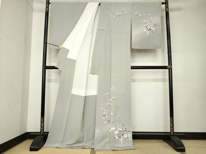 平和屋着物●訪問着　友禅　枝花文　ロング丈　正絹　逸品　AABK3939ck