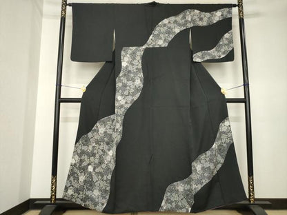 平和屋着物●訪問着　辻が花　流水花文　黒地　正絹　逸品　AABK3943ck