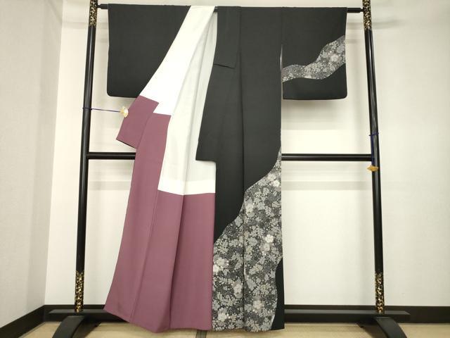 平和屋着物●訪問着　辻が花　流水花文　黒地　正絹　逸品　AABK3943ck